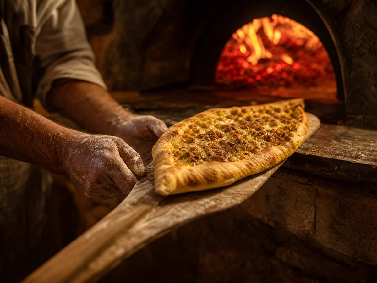 Fırıncı, odun ateşli taş fırından ahşap kürekle pide çıkarıyor