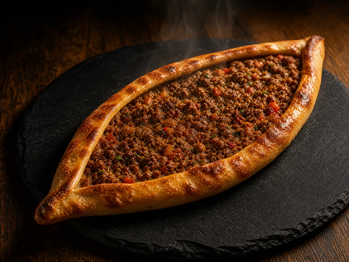 Taş fırından yeni çıkmış kıymalı pide, koyu taş tabakta