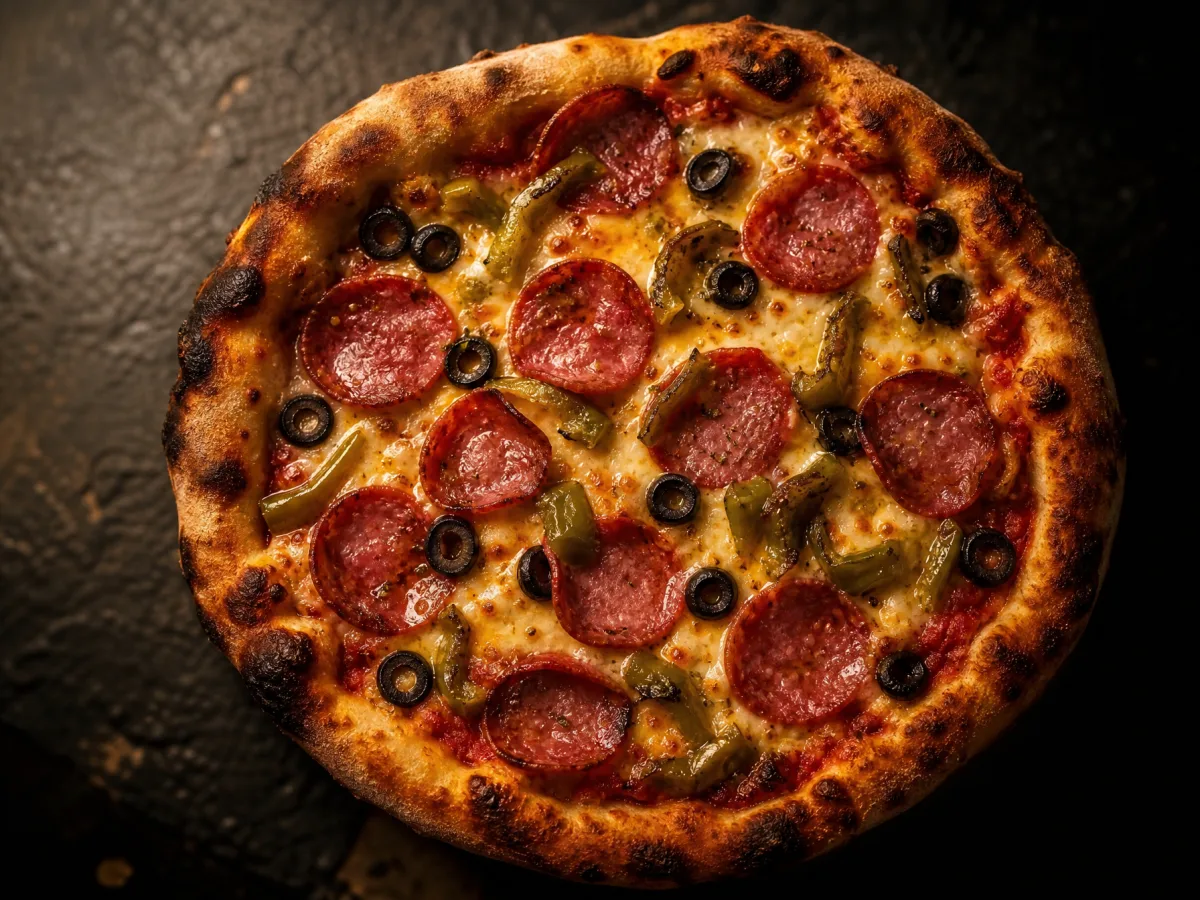 Salamlı, zeytinli, biberli odun fırını pizzası